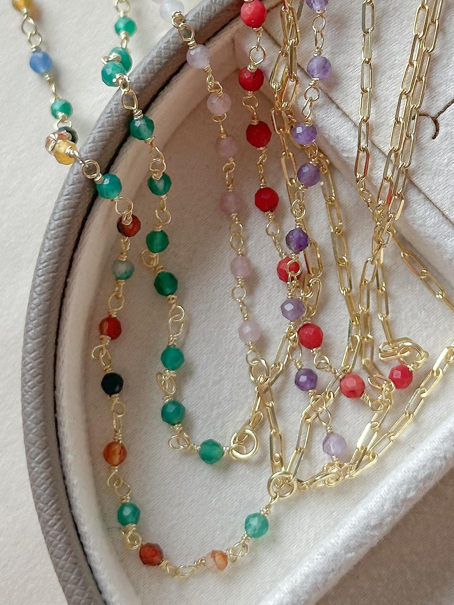 Yarısı Zincirli Doğal Taş Kolye  - 925 Ayar Gümüş