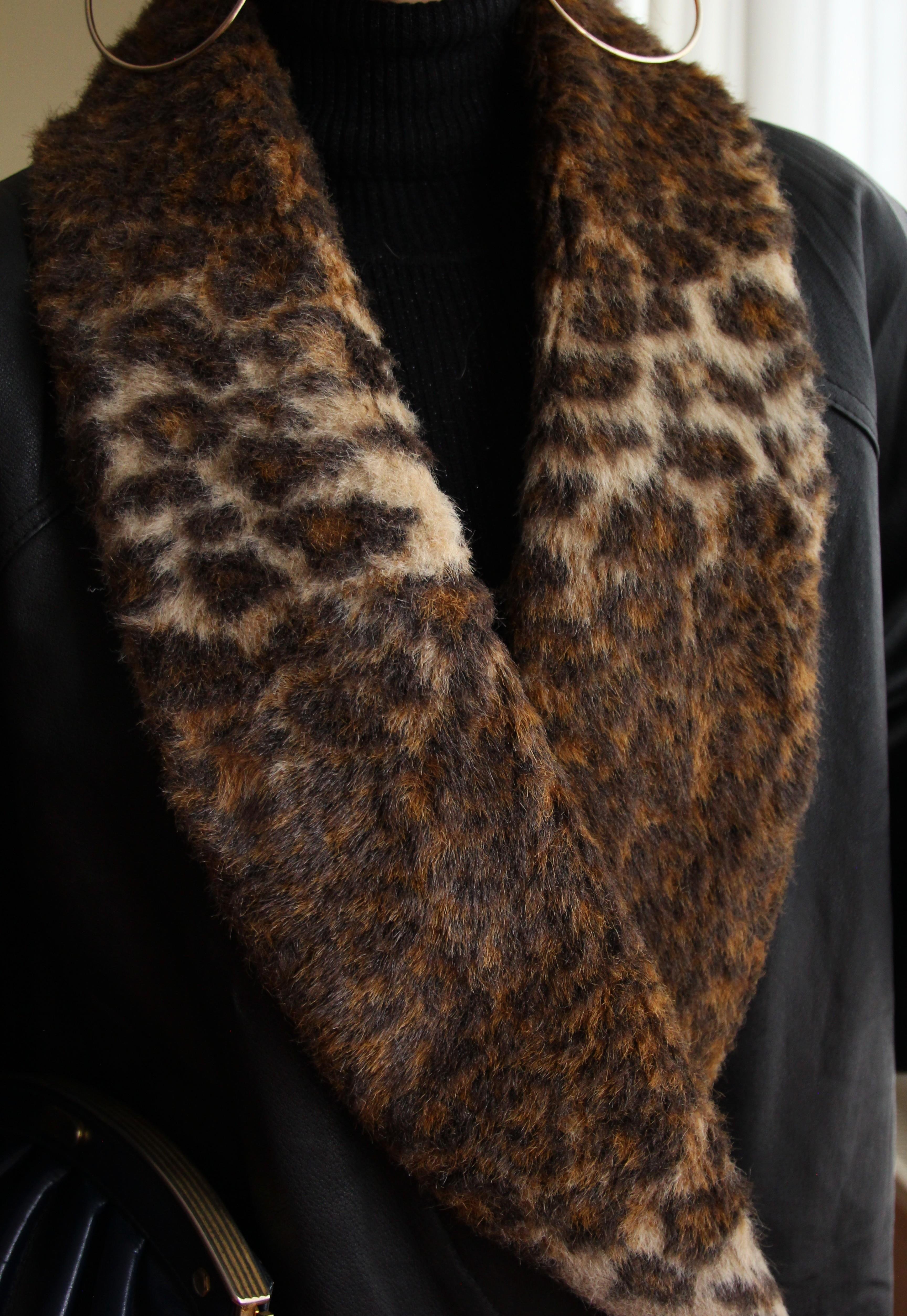 1980'ler Leopar Kürk Yaka Detaylı Vintage Deri Palto