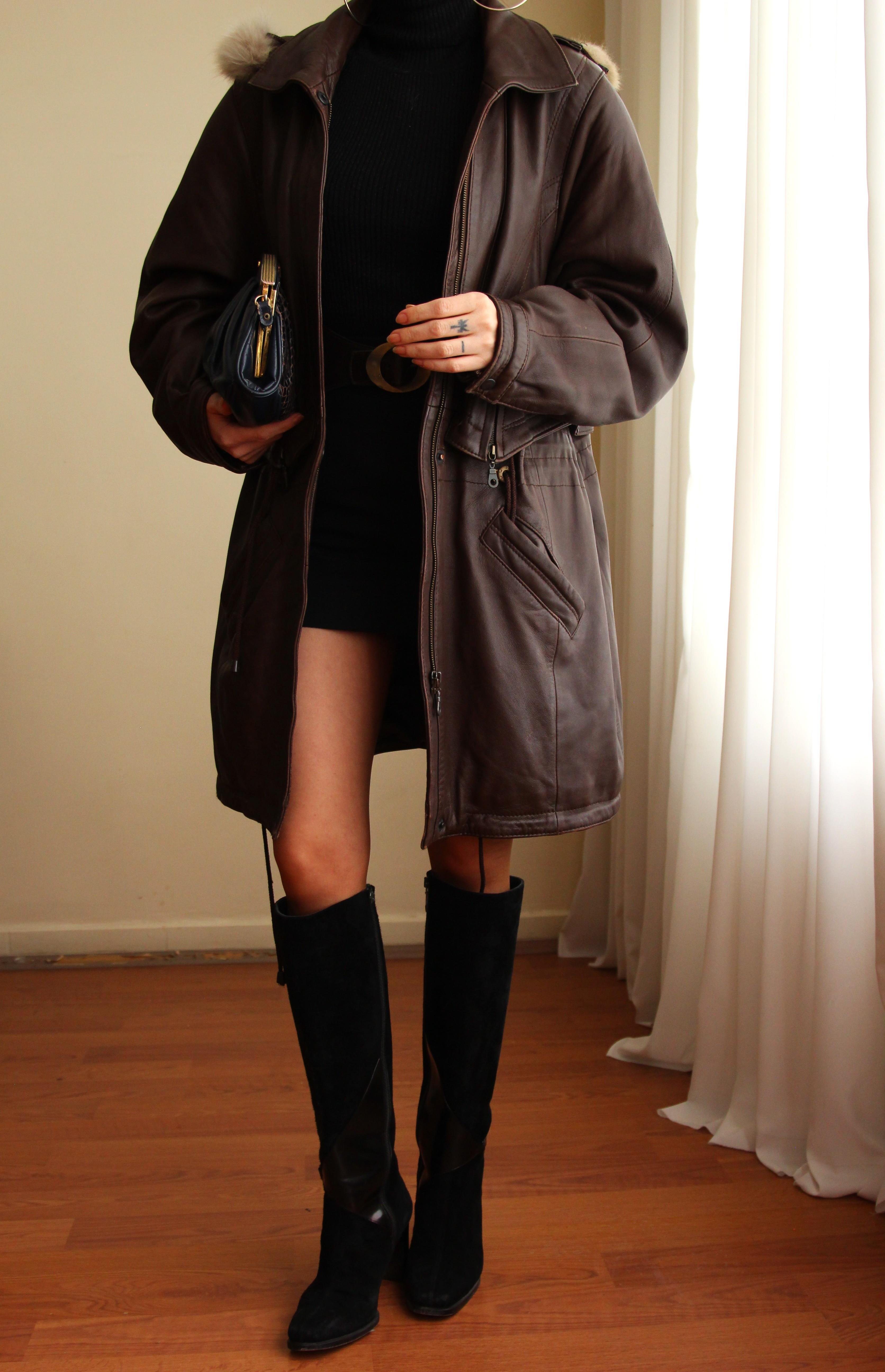 1980'ler Vintage Gerçek Kürk Detaylı Kapüşonlu Deri Parka