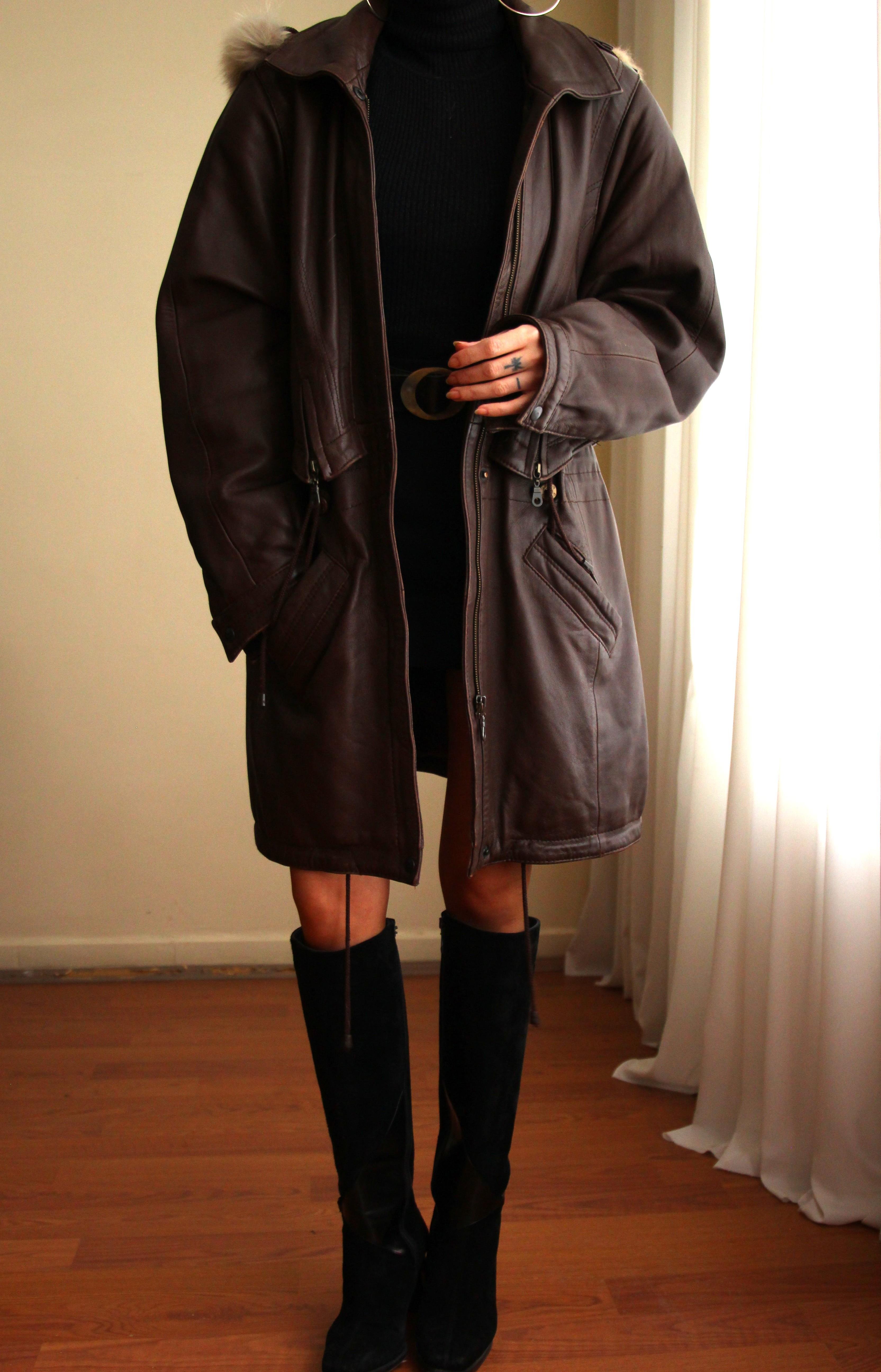 1980'ler Vintage Gerçek Kürk Detaylı Kapüşonlu Deri Parka