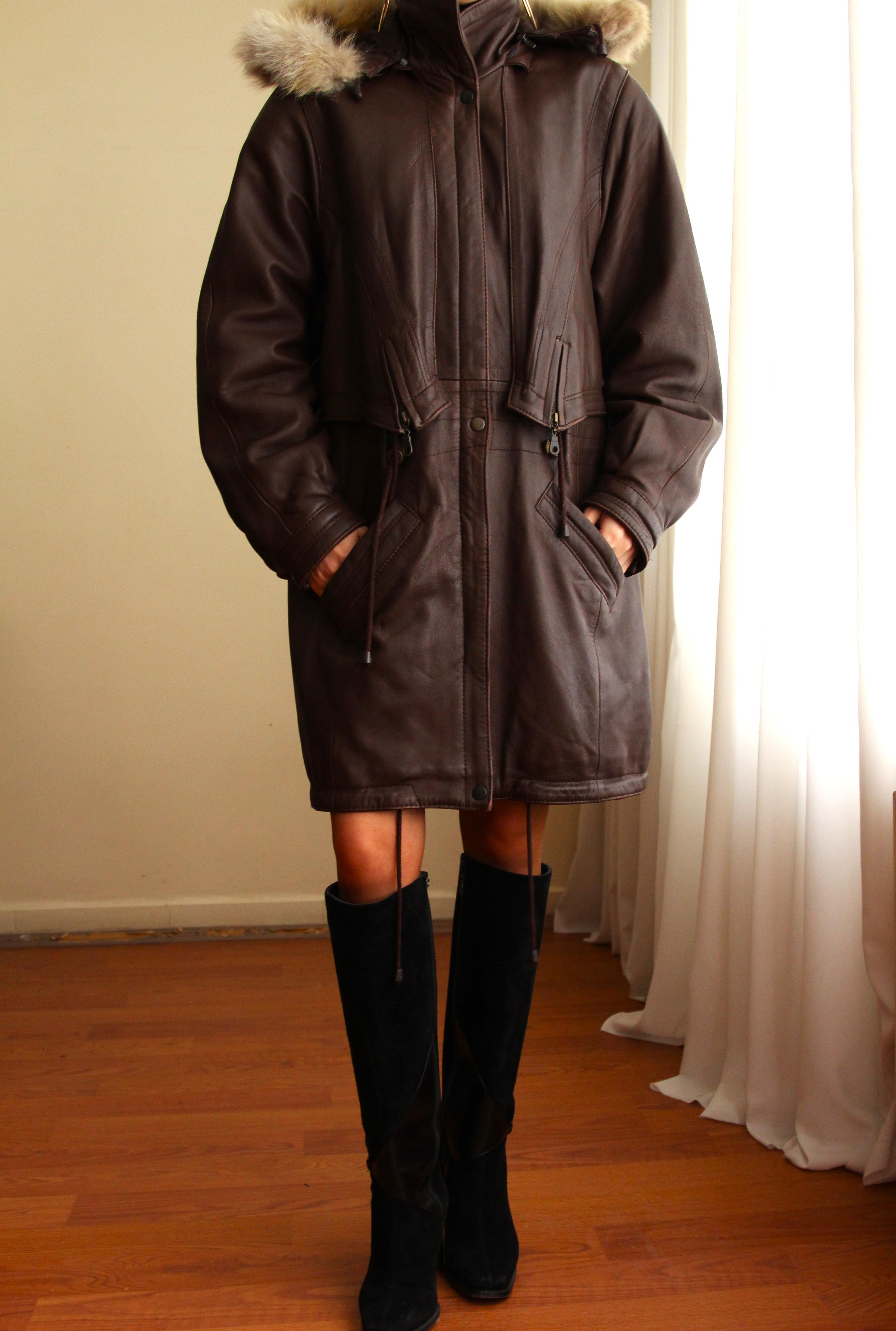 1980'ler Vintage Gerçek Kürk Detaylı Kapüşonlu Deri Parka