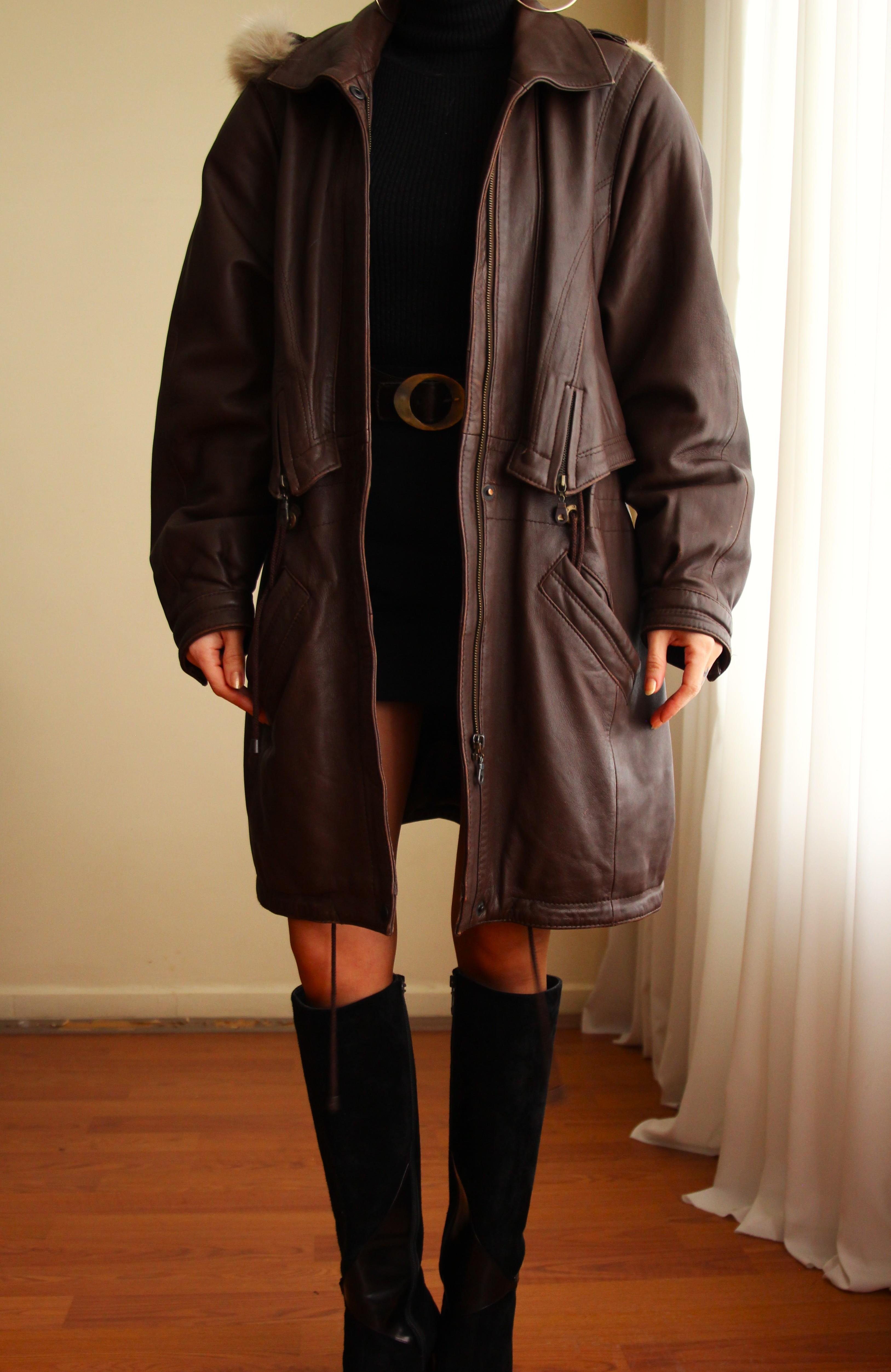 1980'ler Vintage Gerçek Kürk Detaylı Kapüşonlu Deri Parka