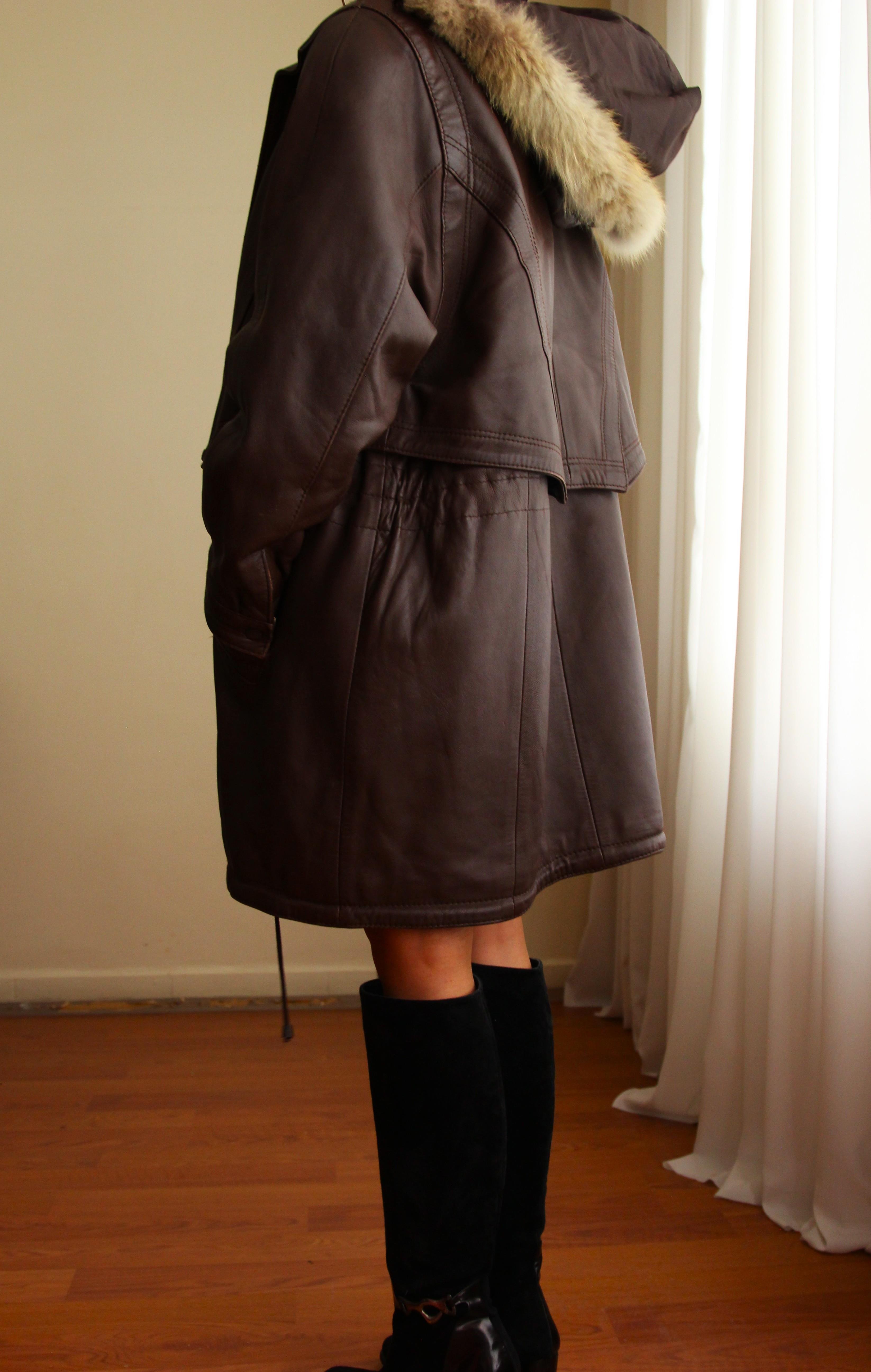 1980'ler Vintage Gerçek Kürk Detaylı Kapüşonlu Deri Parka