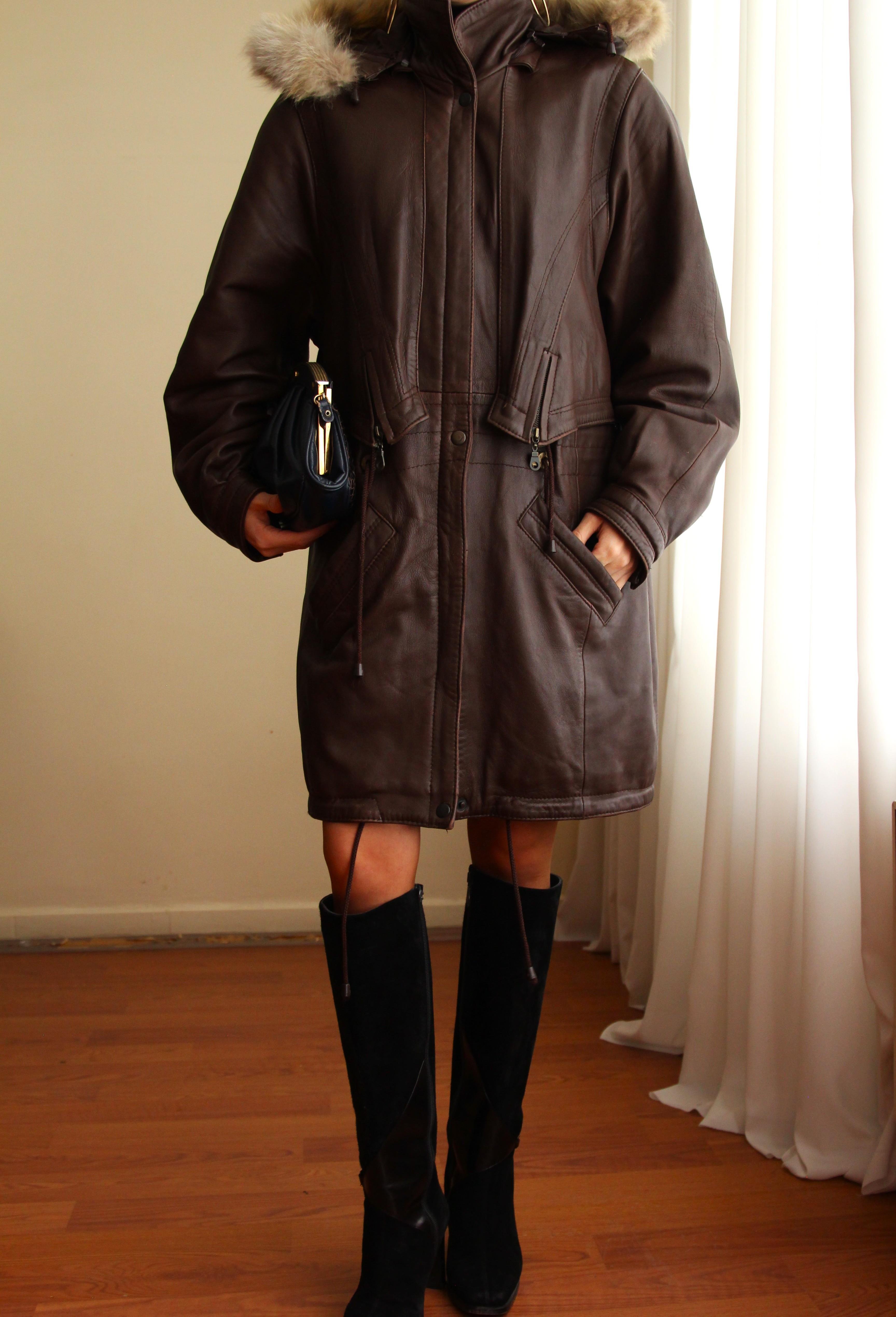 1980'ler Vintage Gerçek Kürk Detaylı Kapüşonlu Deri Parka