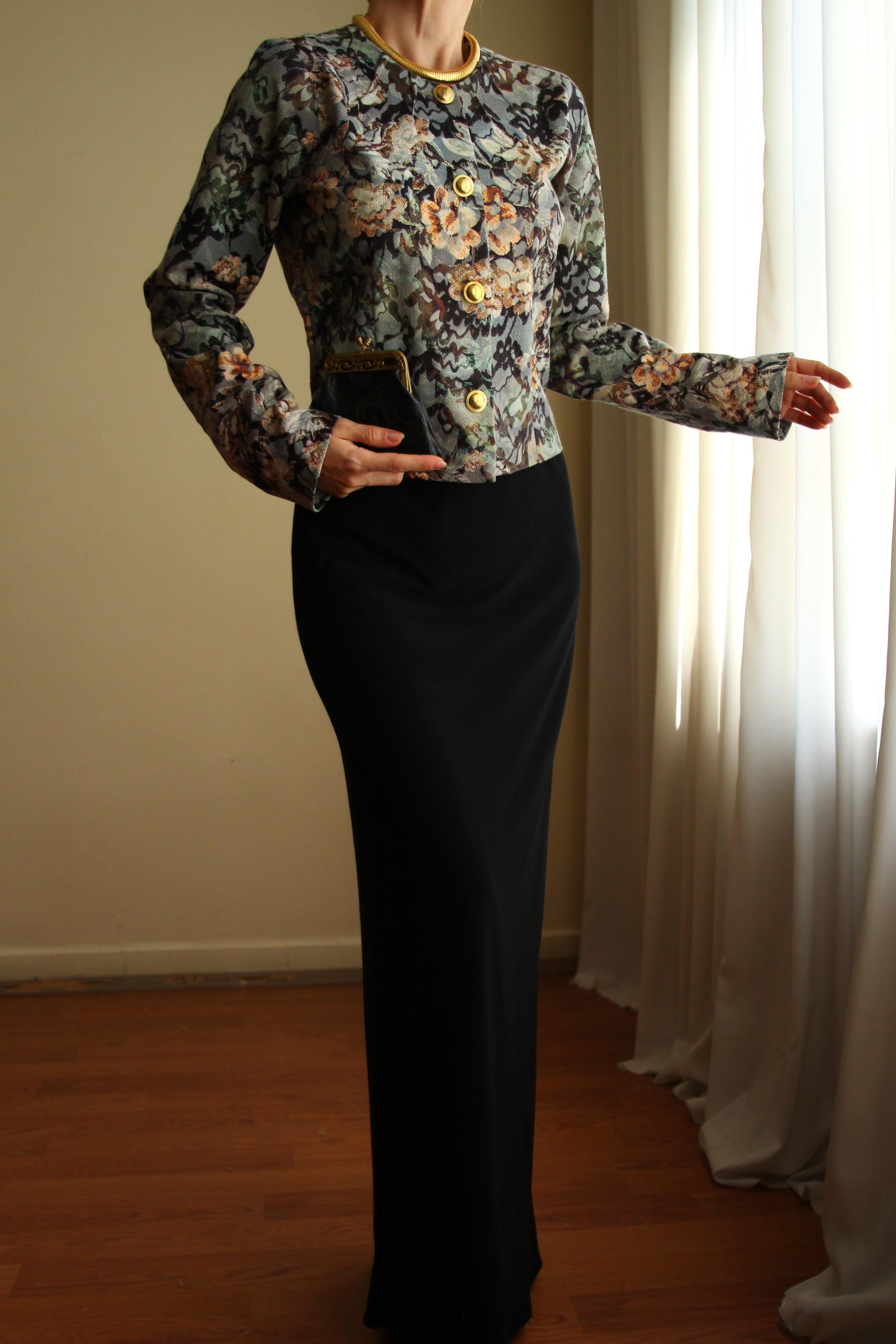 19th Century Interpreted Design Barok Siyah Yeşil Bej Floral Printed Ceket