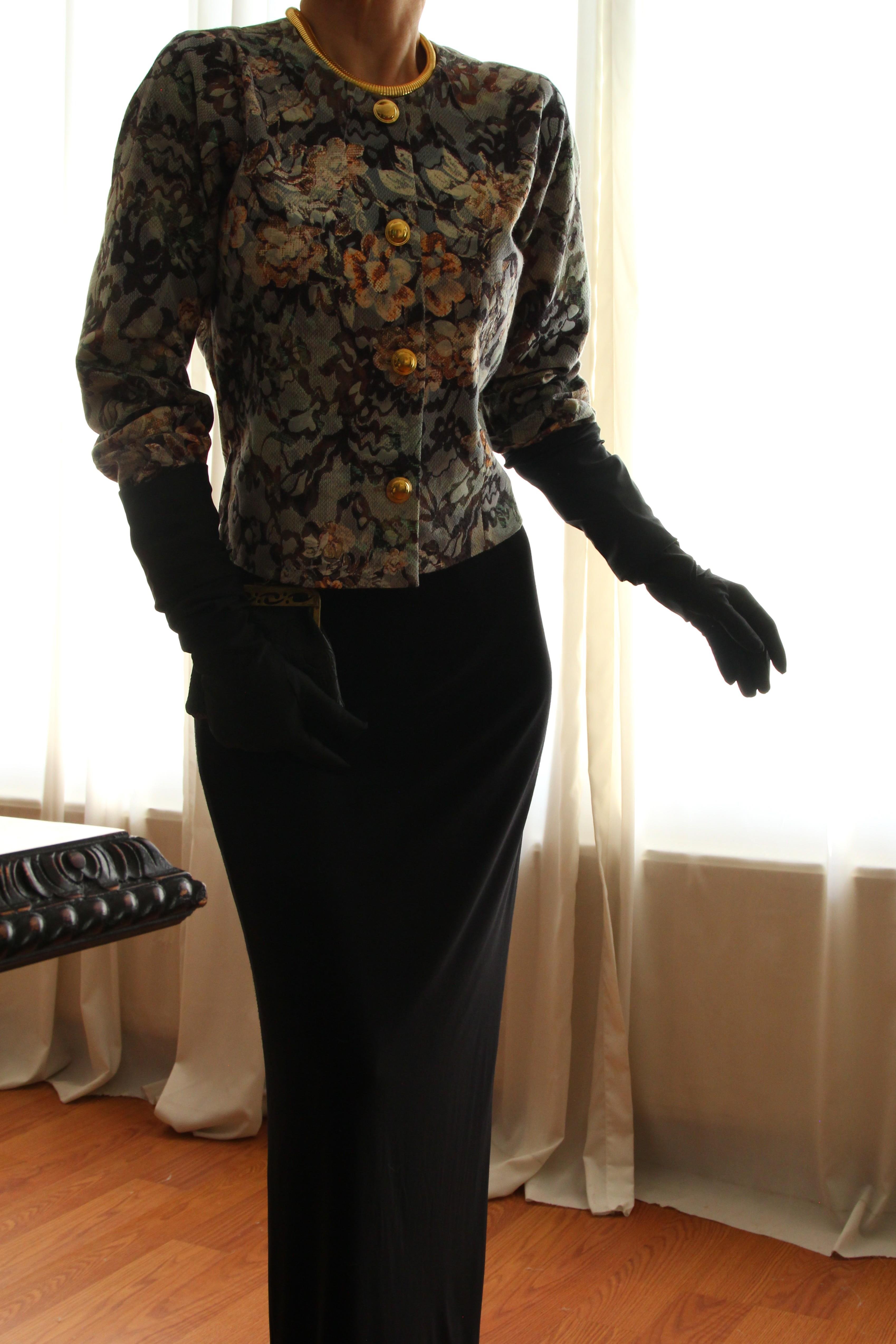 19th Century Interpreted Design Barok Siyah Yeşil Bej Floral Printed Ceket