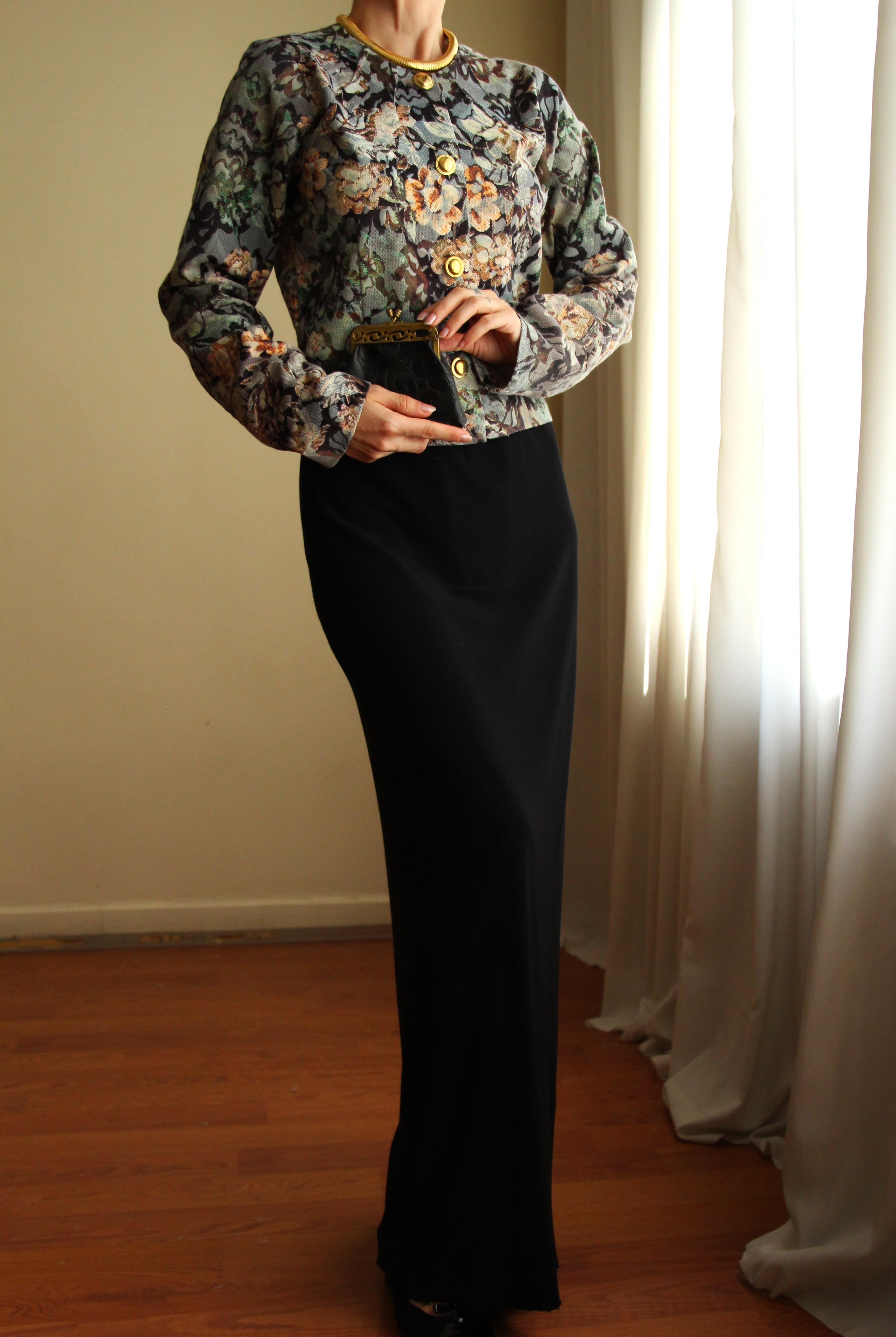 19th Century Interpreted Design Barok Siyah Yeşil Bej Floral Printed Ceket