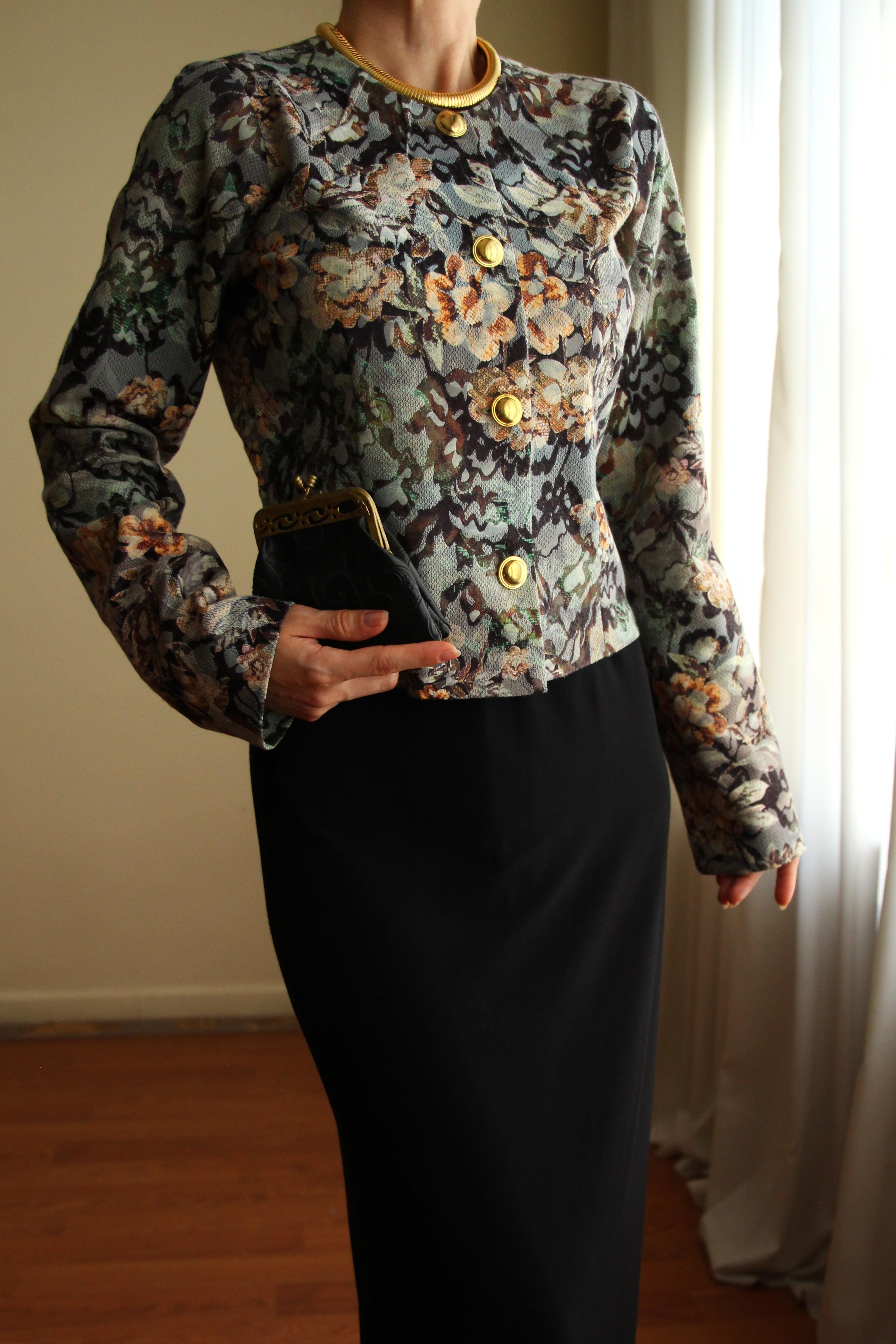 19th Century Interpreted Design Barok Siyah Yeşil Bej Floral Printed Ceket