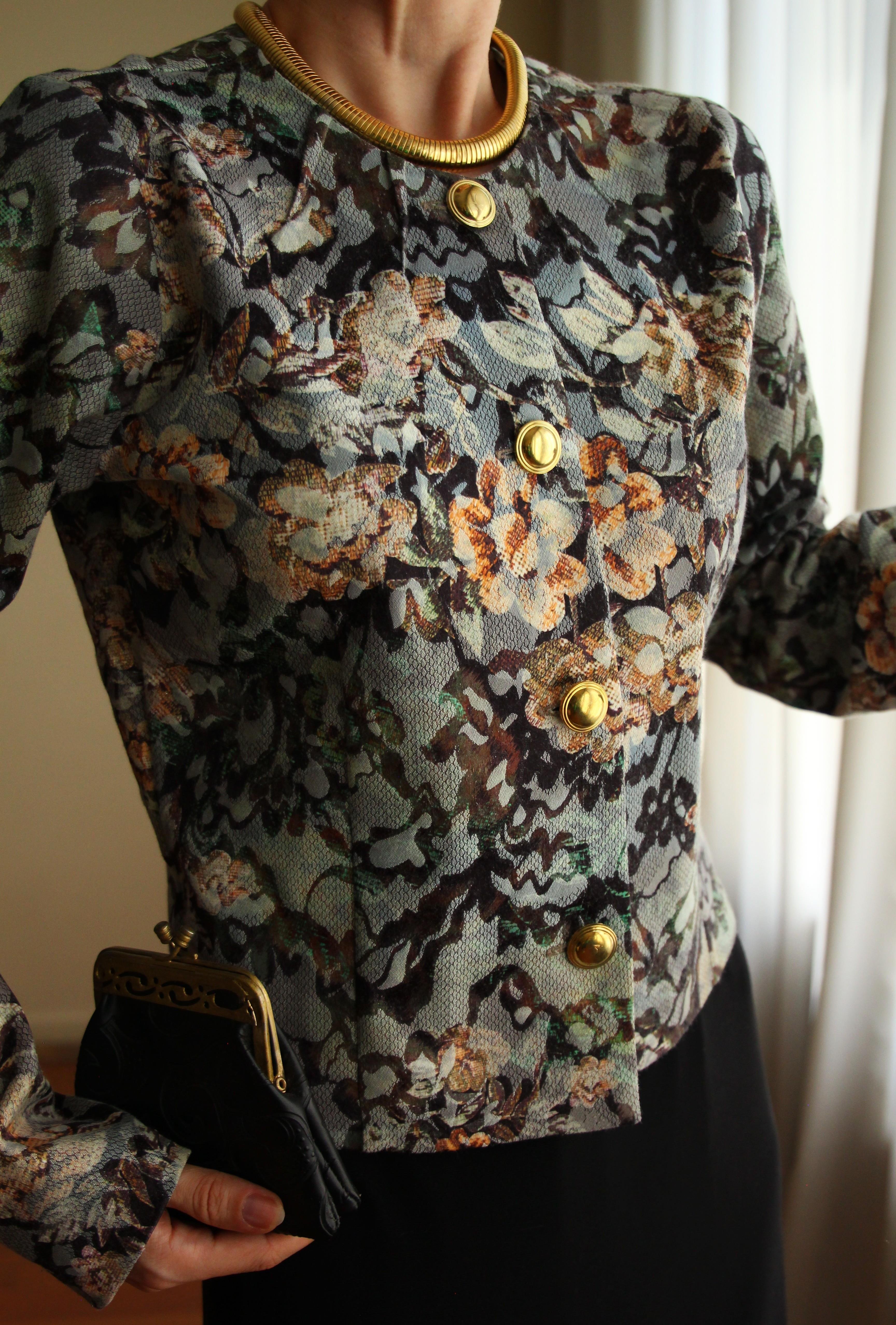 19th Century Interpreted Design Barok Siyah Yeşil Bej Floral Printed Ceket
