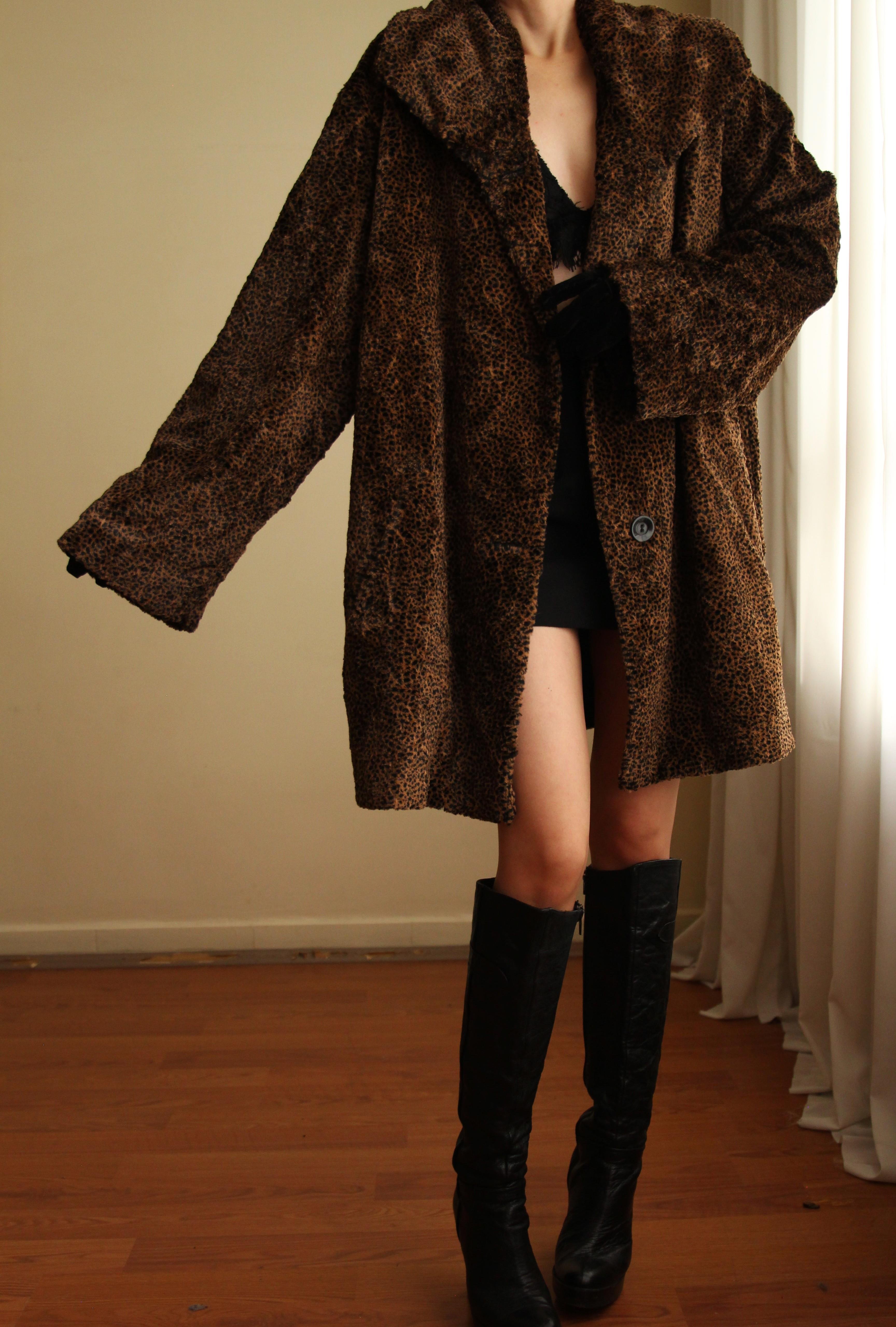 90s Oversize Leopar Desenli Kısa Tüylü Vintage Peluş Blazer