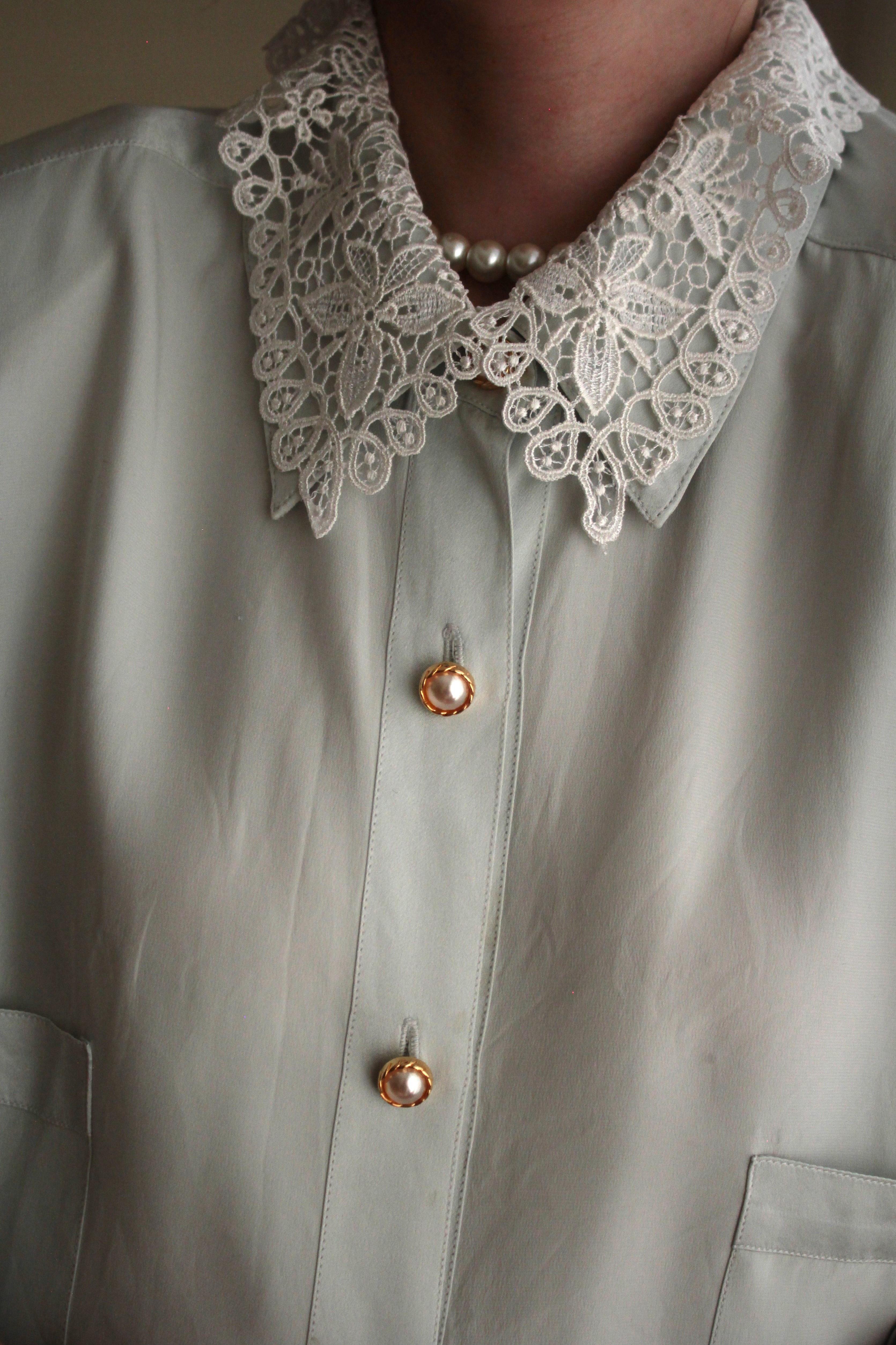 ANDREA MARE %100 Silk  Güpür Katmanlı Yaka Vintage Gömlek