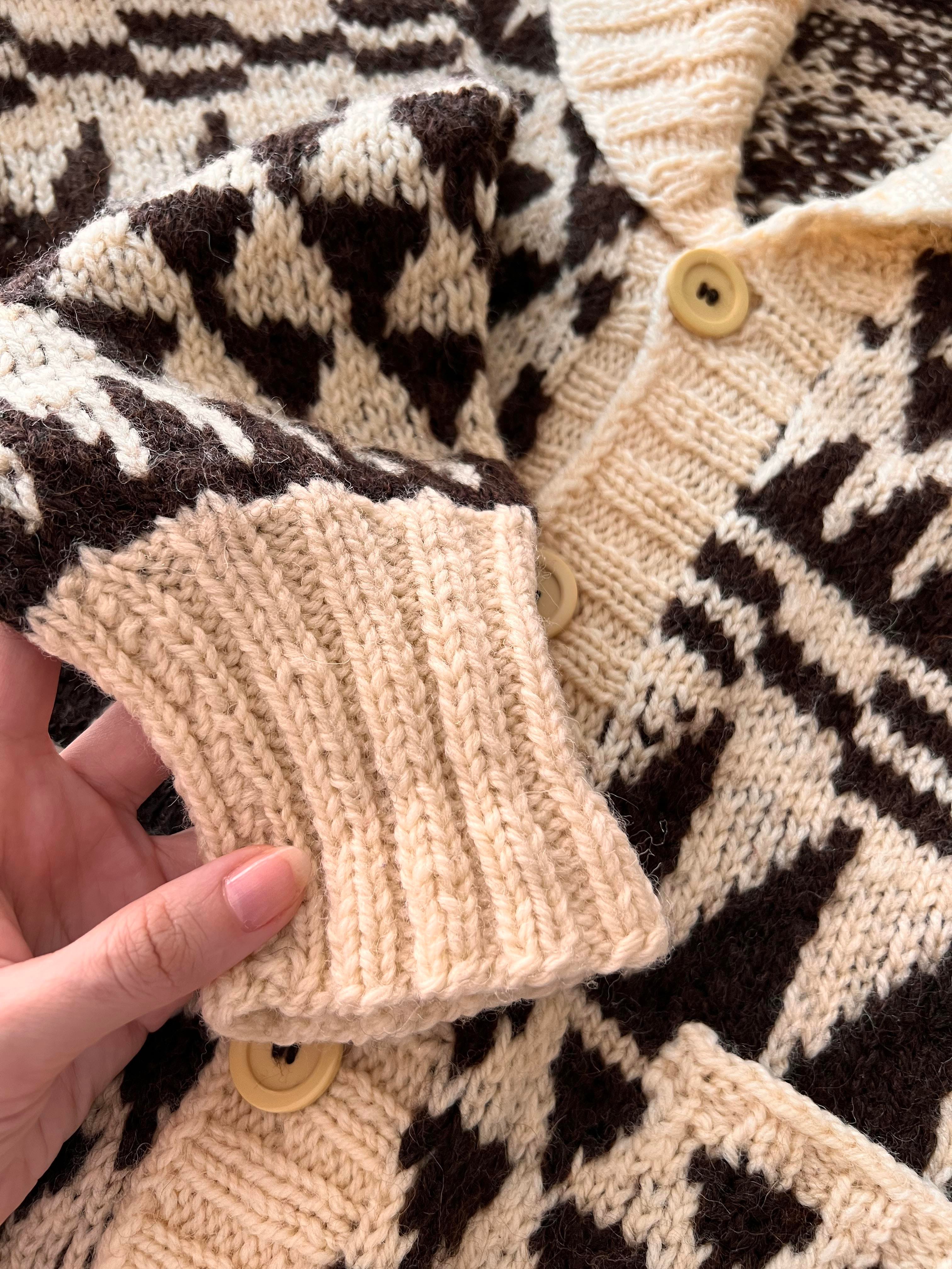 Norway Wool Hand Knitted Motifli Şal Yaka Vintage Hırka