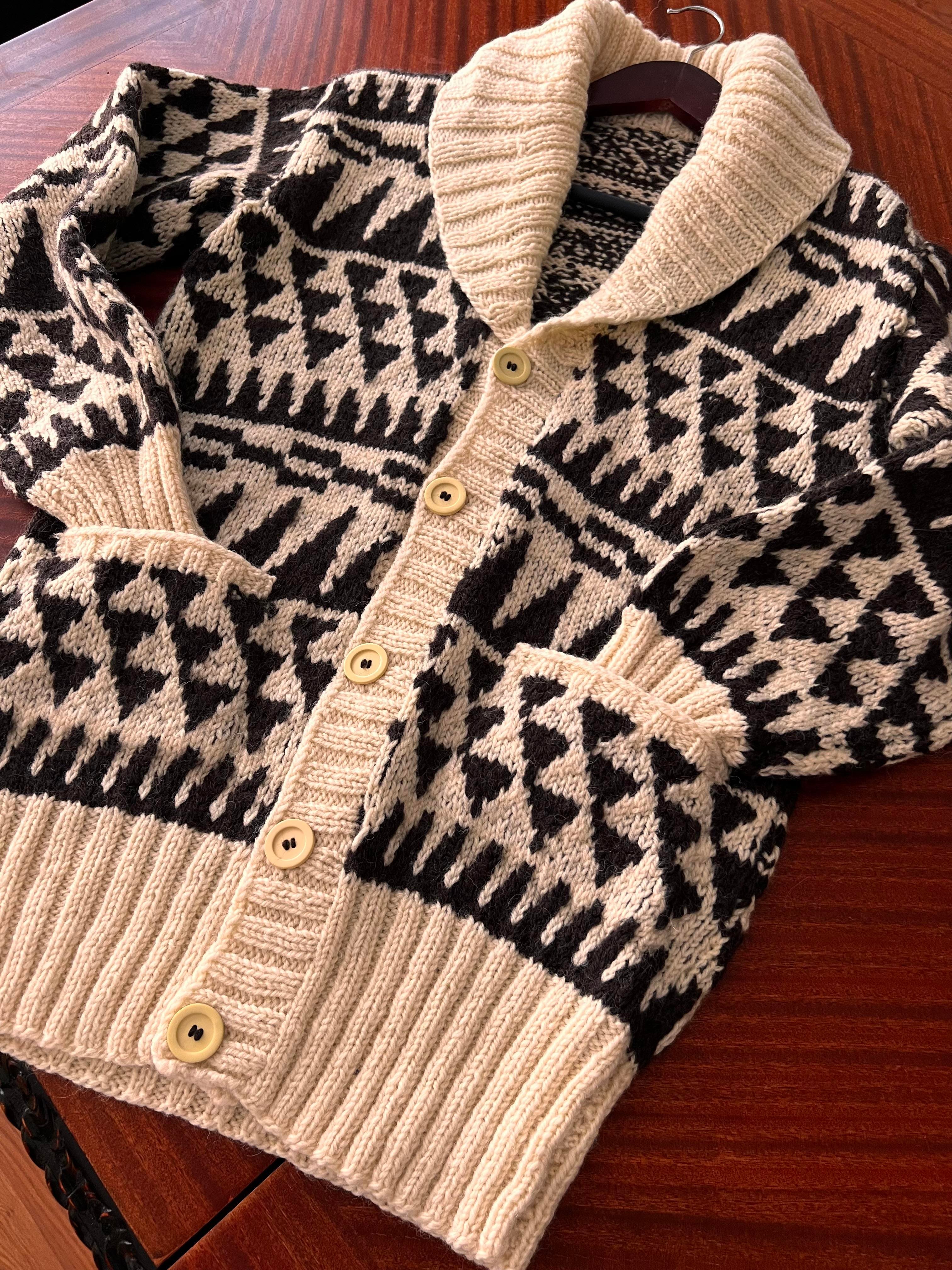 Norway Wool Hand Knitted Motifli Şal Yaka Vintage Hırka