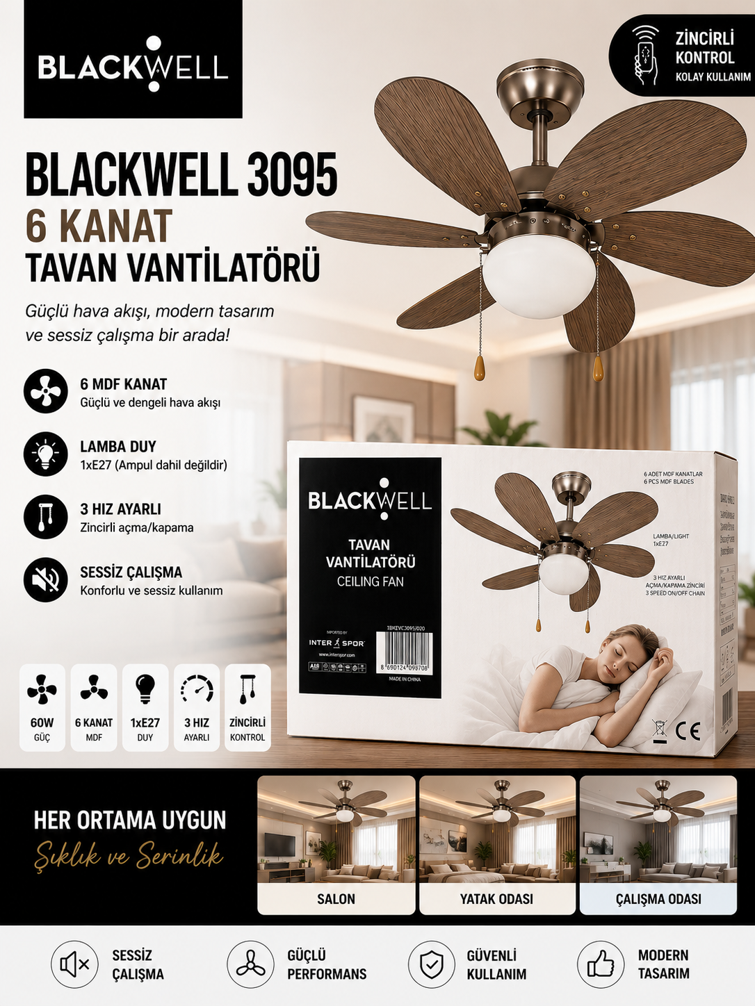 Blackwell 3095 6 Kanat Tavan Vantilatörü 60W Ahşap/Beyaz | Blok Yapı Market