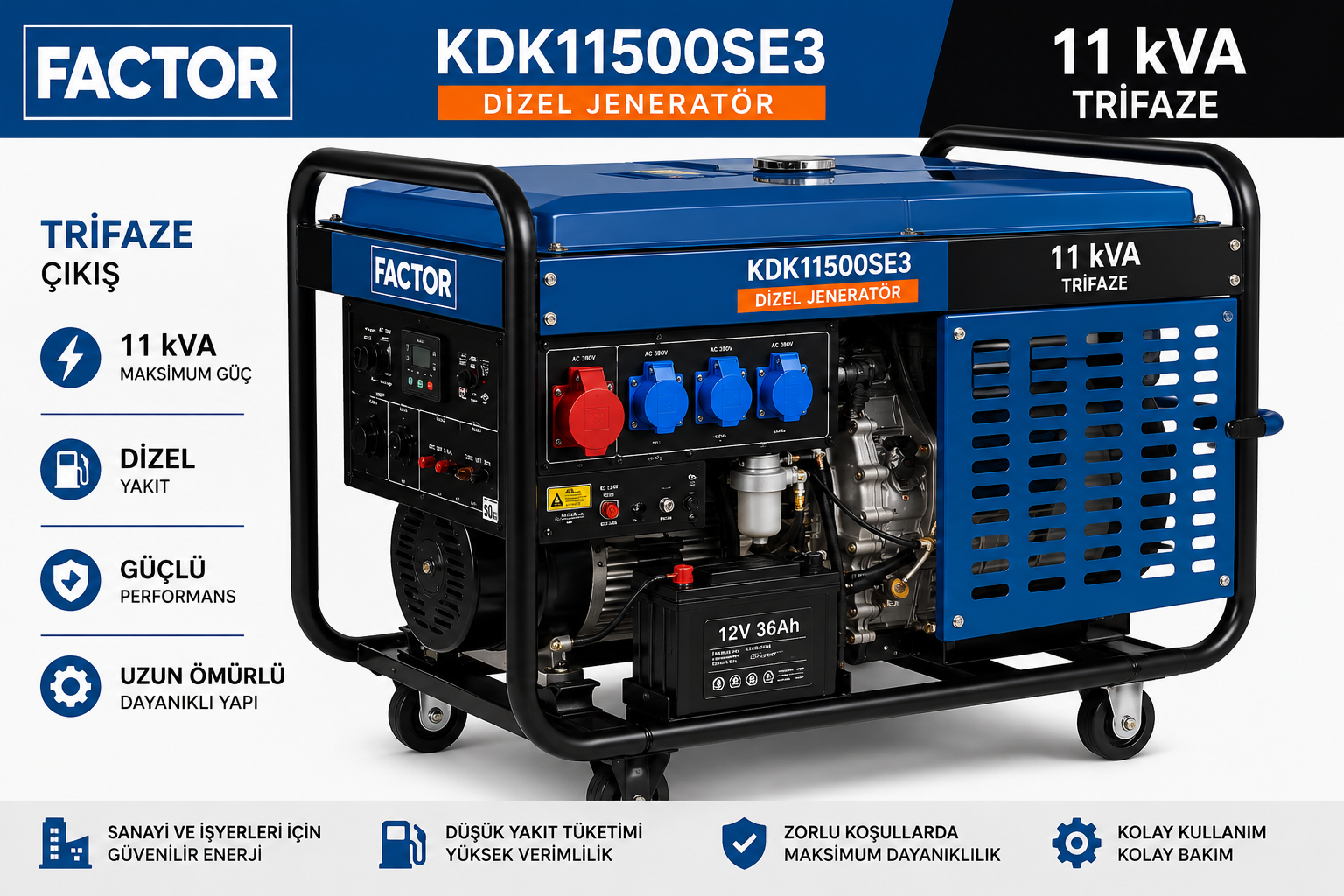 Factor KDK11500SE3 11 kVA Trifaze Dizel Jeneratör | Blok Yapı Market