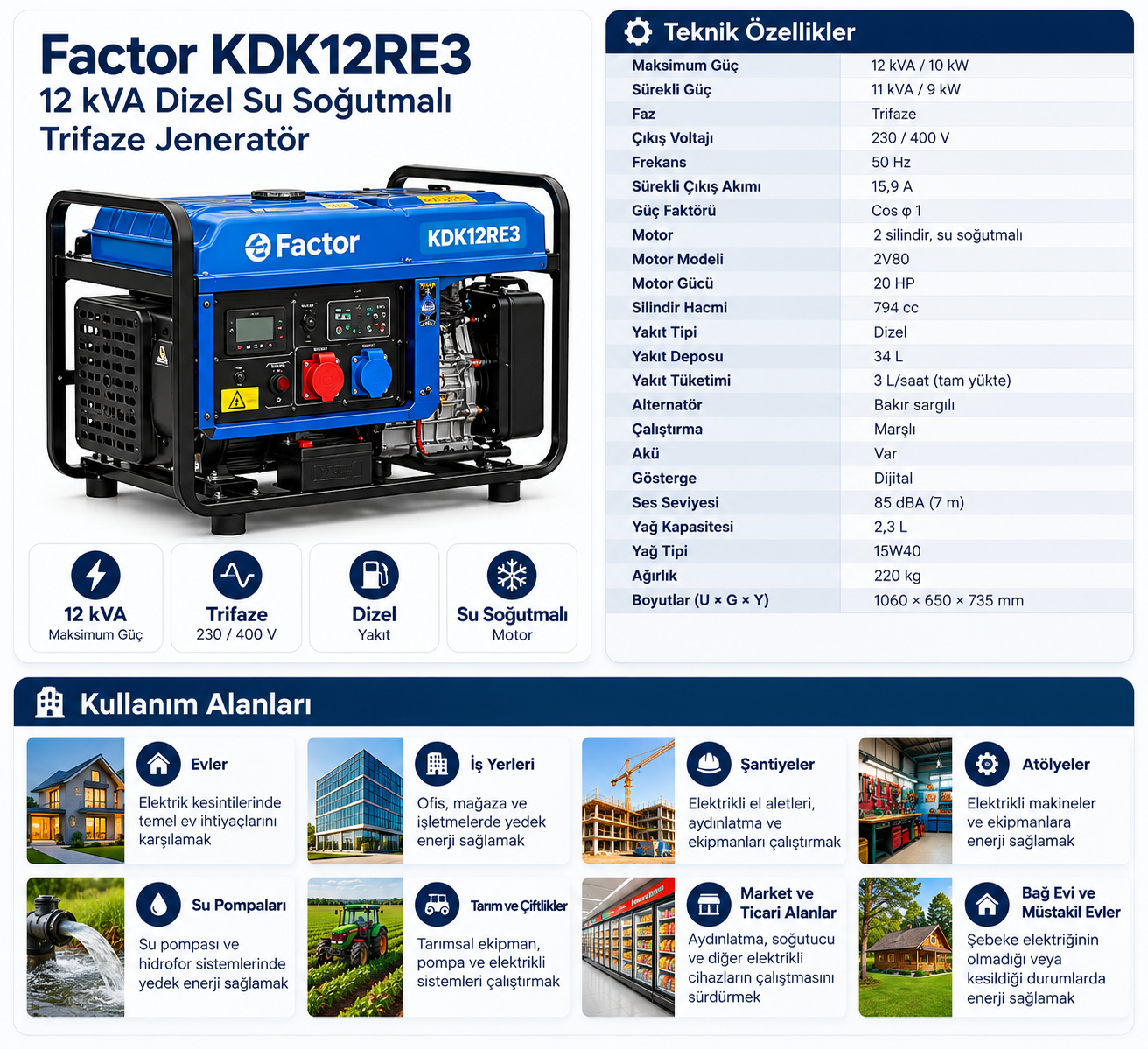 FactorJenaratör Factor KDK12RE3 12 kVA Trifaze Dizel Jeneratör