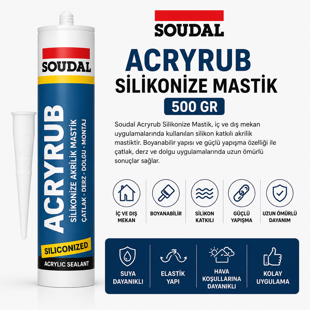 Soudal Acryrub Silikonize Mastik 500 Gr Akrilik Dolgu Mastiği