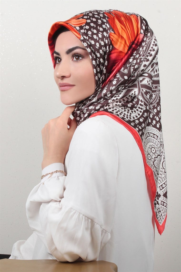 4385-04 ARMİNE İPEK EŞARP VİZON MERCAN