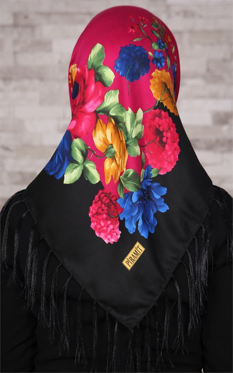 111-0011-08 PİRAMİT PÜSKÜLLÜ EŞARP SİYAH FUŞYA