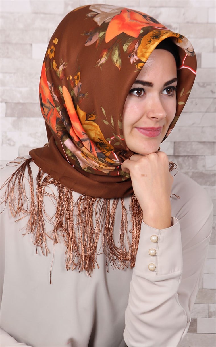 111-0003-12 PİRAMİT PÜSKÜLLÜ EŞARP KAHVE
