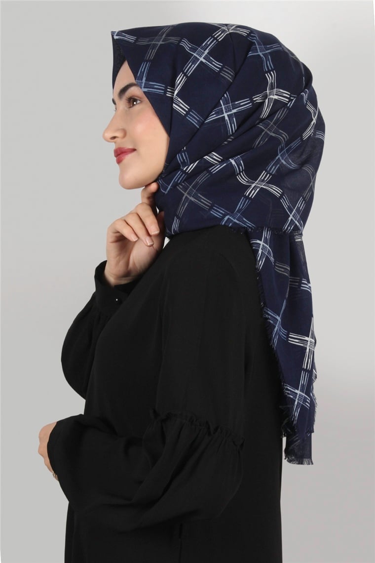 Coton Exculisive Şal 1947-5 Desenli Lacivert