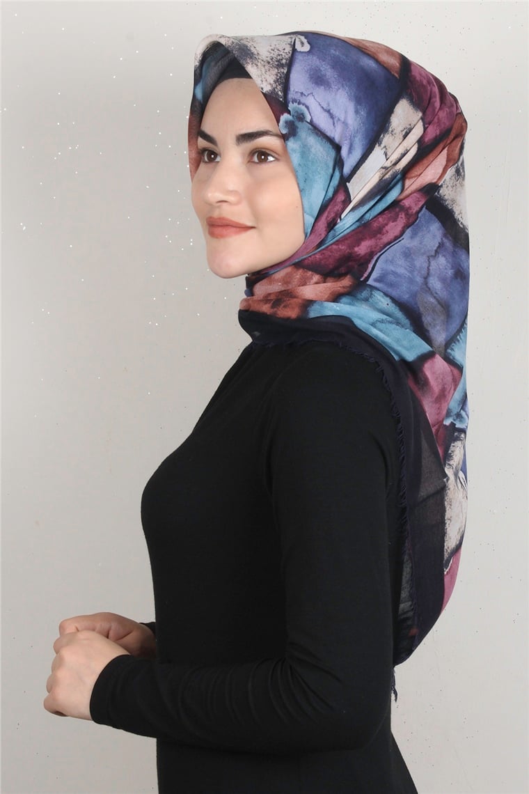 Coton Kare Eşarp 1674-11 Mavi