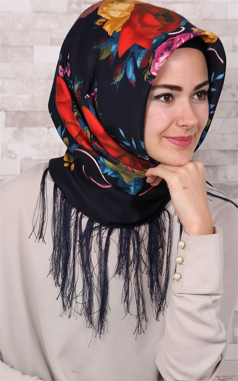 111-0003-05 PİRAMİT PÜSKÜLLÜ EŞARP LACİVERT TURUNCU
