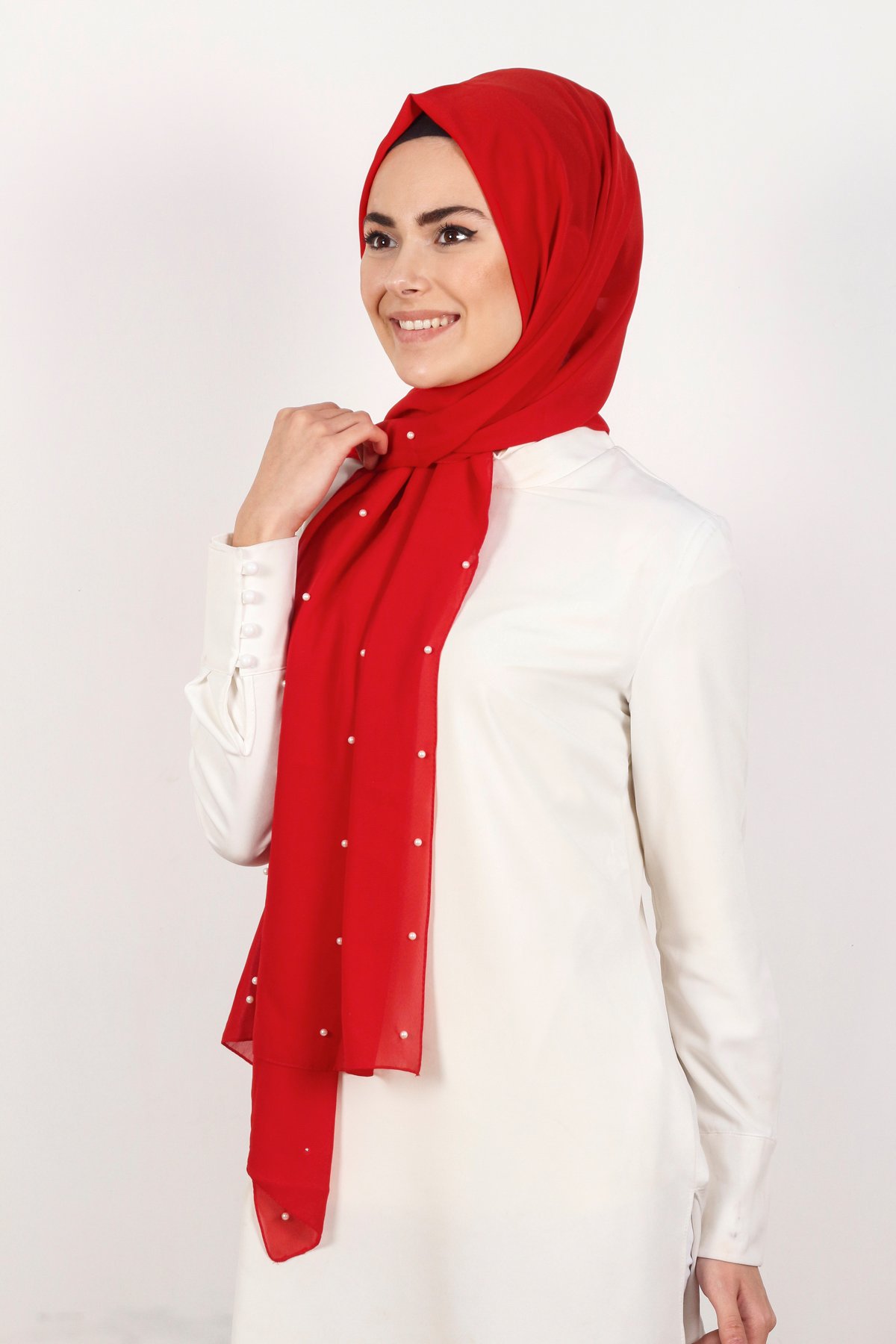 İncili Krep Şal 2810-13 Kırmızı