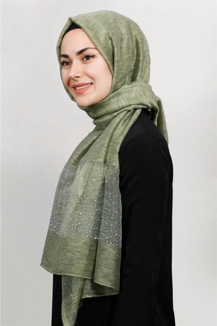 İpekli Taşlı Tül Şal 1067-24 Haki Yeşili