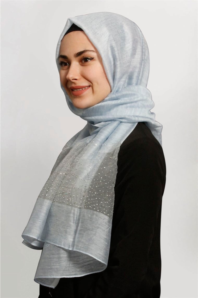 İpekli Taşlı Tül Şal 1067-28 Bebe Mavisi