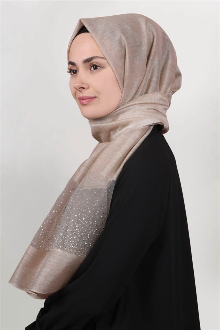İpekli Taşlı Tül Şal 1067-34 Bej