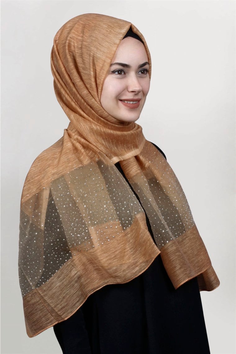 İpekli Taşlı Tül Şal 1067-38 Bal Köpüğü