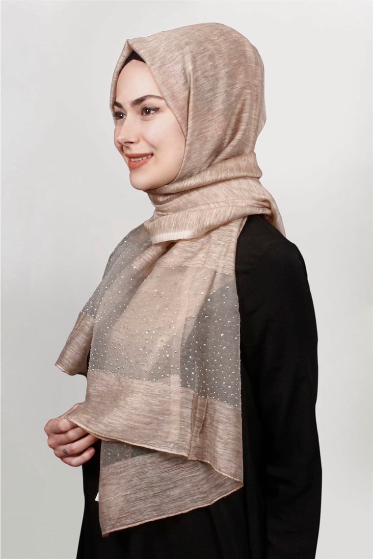 İpekli Taşlı Tül Şal 1067-39 Açık Vizon