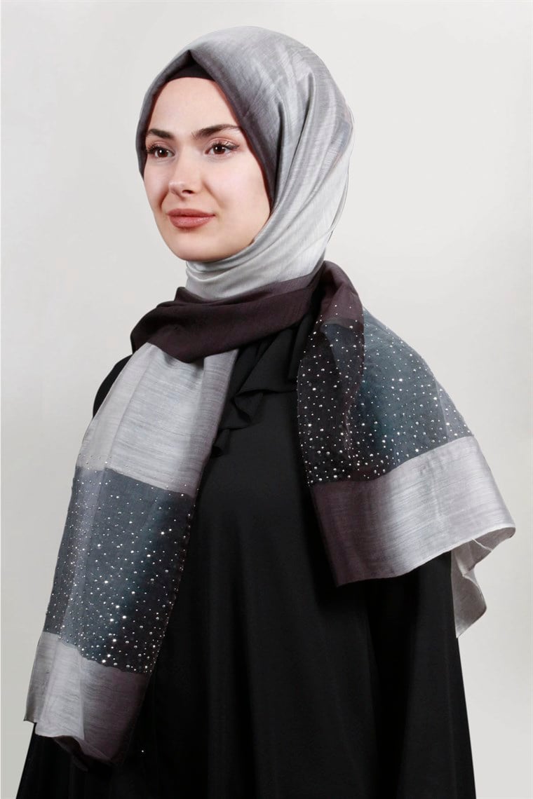 İpekli Taşlı Tül Şal 1067-44 Siyah-Gri