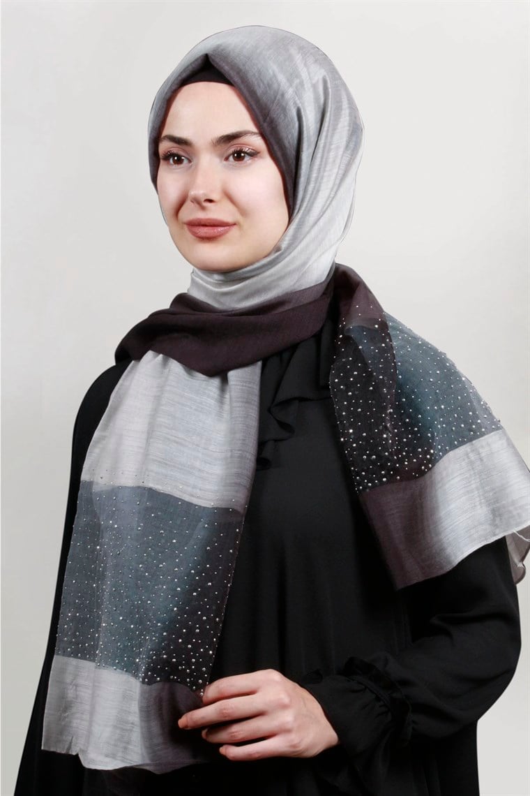 İpekli Taşlı Tül Şal 1067-44 Siyah-Gri