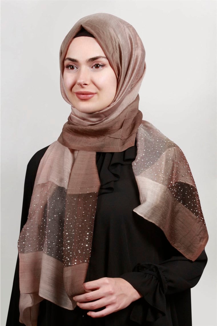 İpekli Taşlı Tül Şal 1067-45 Dore