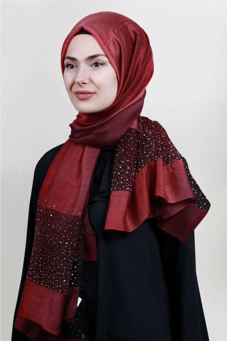İpekli Taşlı Tül Şal 1067-47 Bordo
