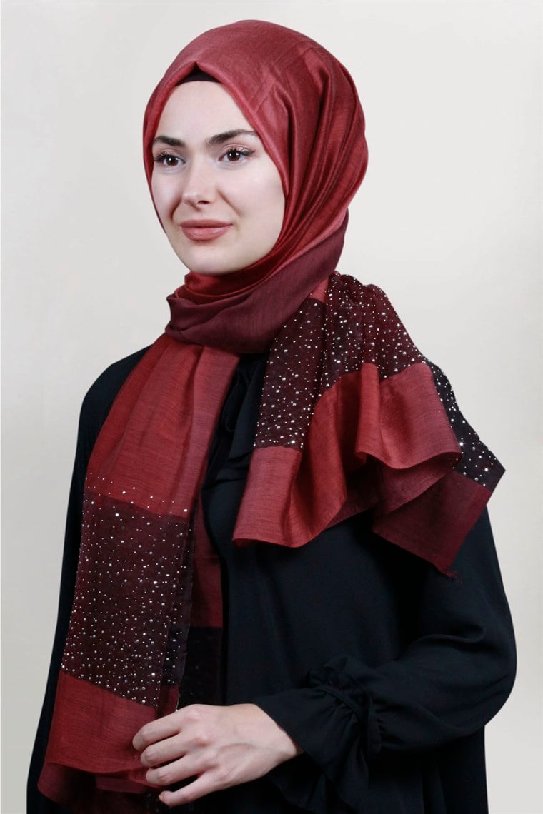 İpekli Taşlı Tül Şal 1067-47 Bordo