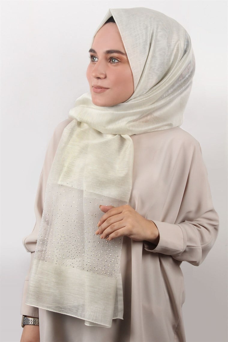 İpekli Taşlı Tül Şal 1067-51 Krem