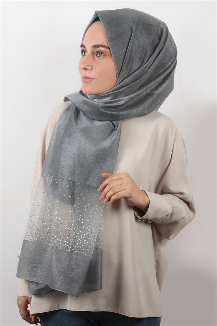 İpekli Taşlı Tül Şal 1067-52 Füme