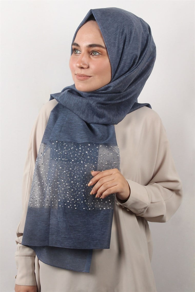 İpekli Taşlı Tül Şal 1067-54 Lacivert
