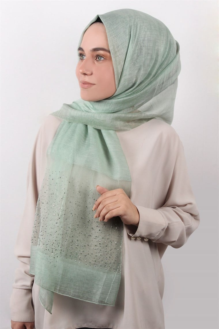 İpekli Taşlı Tül Şal 1067-57 Mint Yeşili
