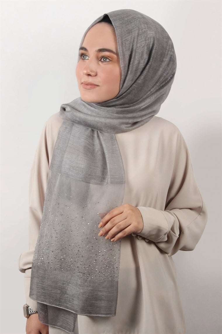 İpekli Taşlı Tül Şal 1067-62 Gri