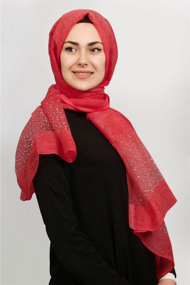 İpekli Taşlı Tül Şal 1069-27 Nar Çiçeği