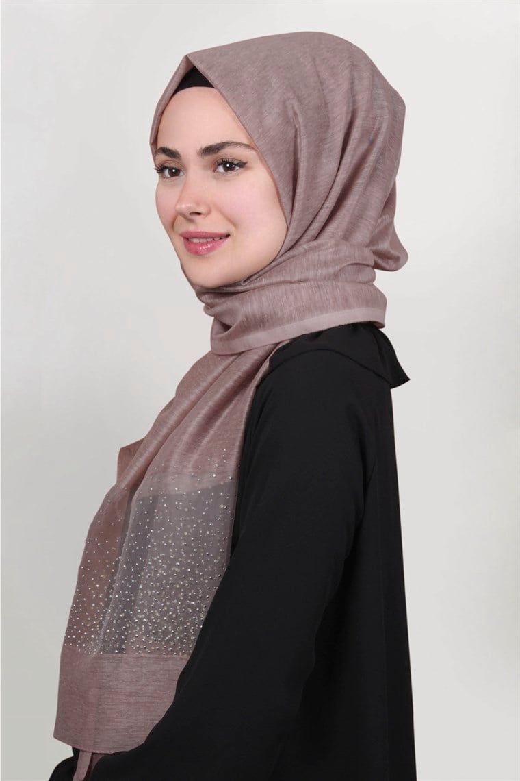 İpekli Taşlı Tül Şal 1069-36 Vizon
