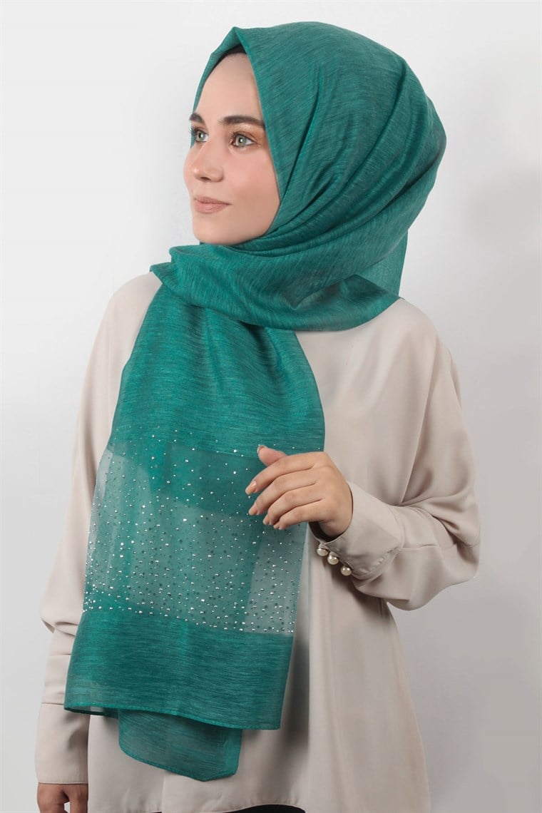 İpekli Taşlı Tül Şal 1069-58 Petrol Yeşili