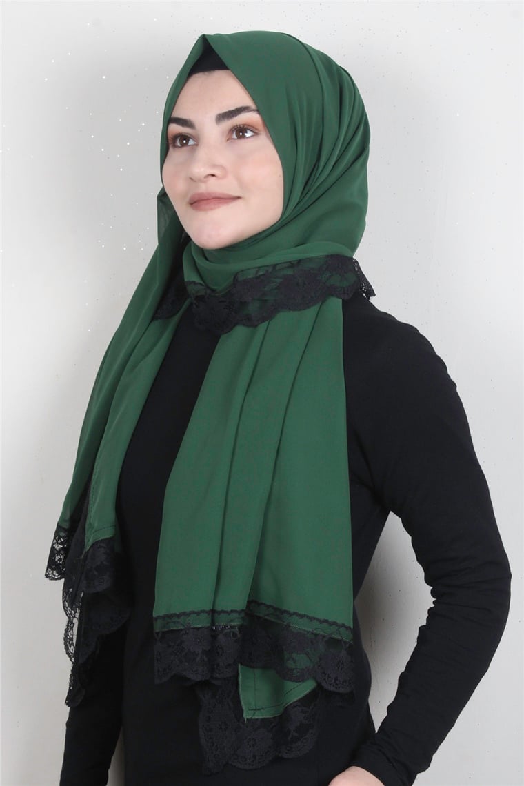Krep Dantel Şal 1191-129 Zümrüt Yeşili
