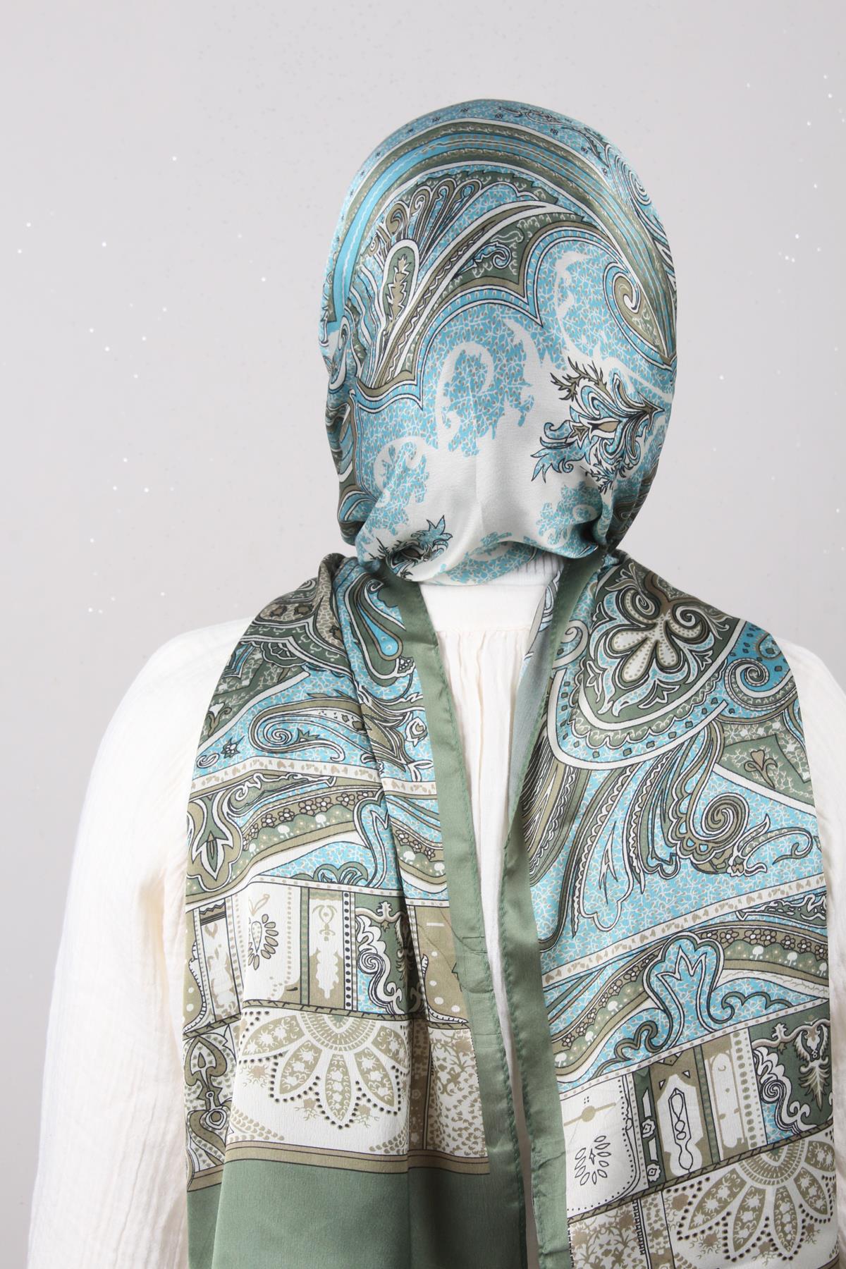 Linda Etnik Desen Şal 1717-10 Yeşil-Su Mavisi 