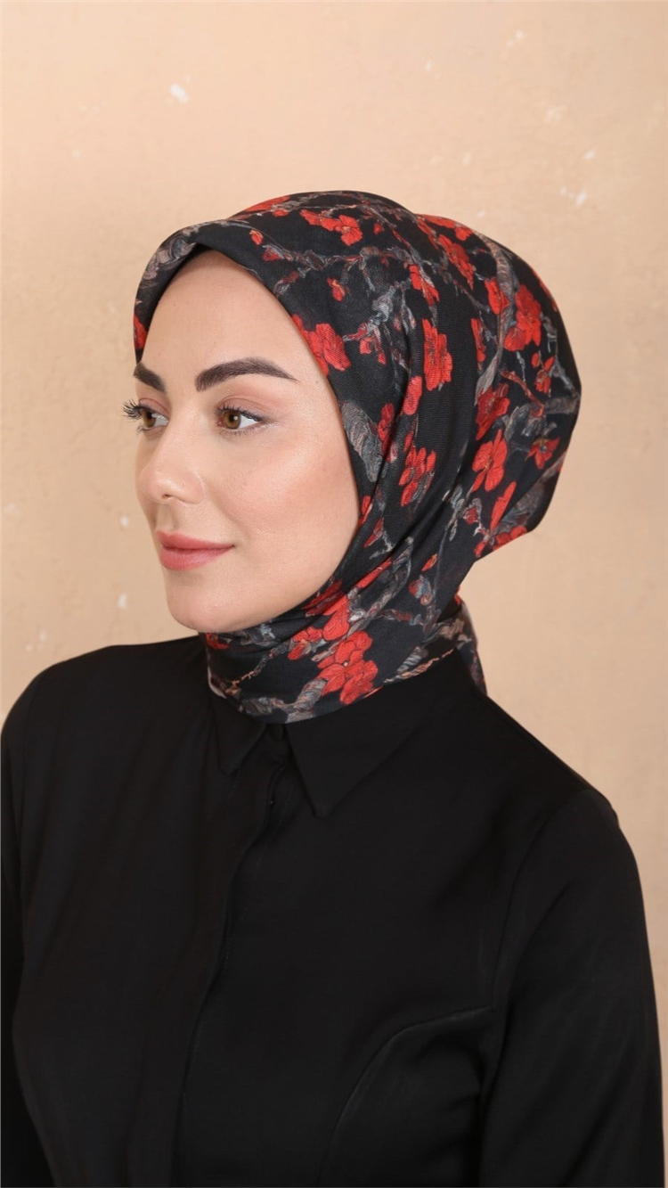 Lo'cella Pamuklu Soft Eşarp 4555-6 Siyah-Kırmızı 