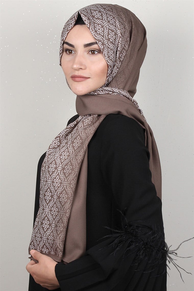 Medine Desenli Şal Eşarppark 1827-4 Vizon-Beyaz